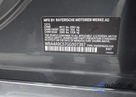 2016 BMW 428I Gran Coupe z USA, uszkodzony, nr VIN WBA4A9C57GG507387